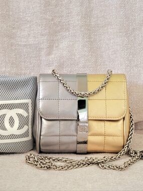 CHANEL Silver and Gold Quilted Leather Pochette Bag with Chain Strap